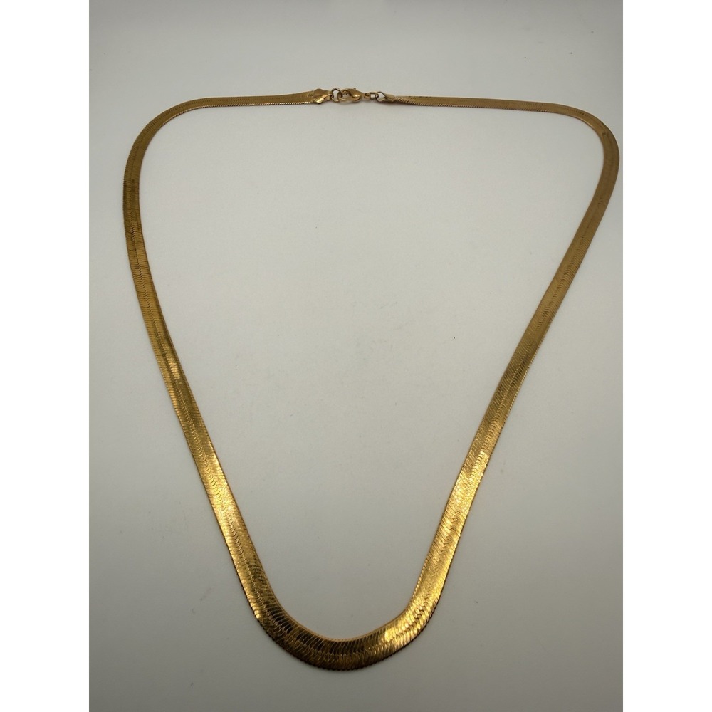 Gold Tone Herringbone Necklace Wide Flat Classic 22"